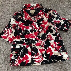 Boutique Essentials Floral Jacket‎ - Red Black Beige Short Sleeve Size 8 vintage